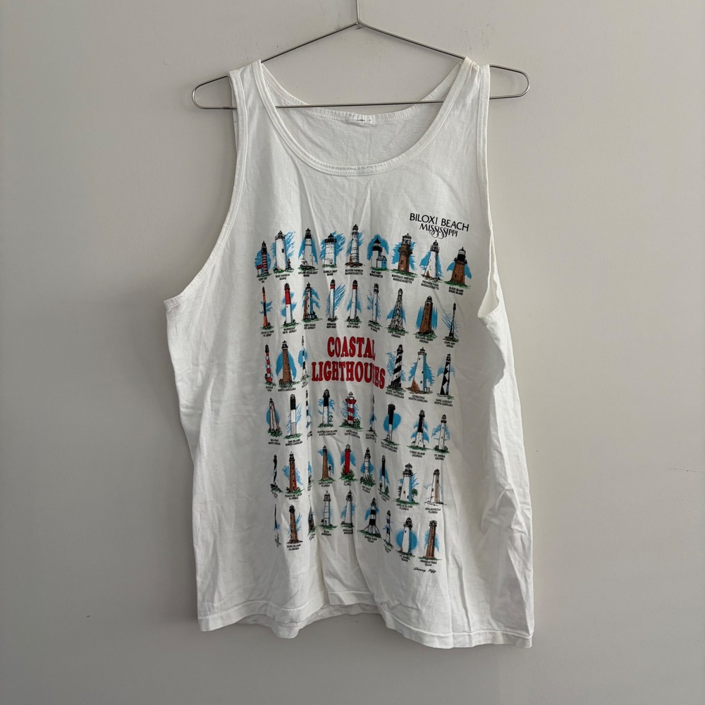 Vintage Biloxi Beach Mississippi Coastal Lighthouses Graphic Tank Top Large